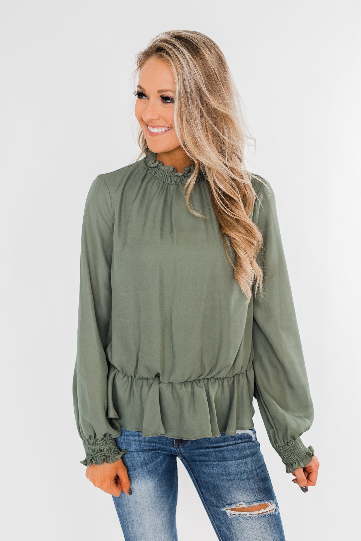 Say You Won't Let Go Cinched Blouse- Olive