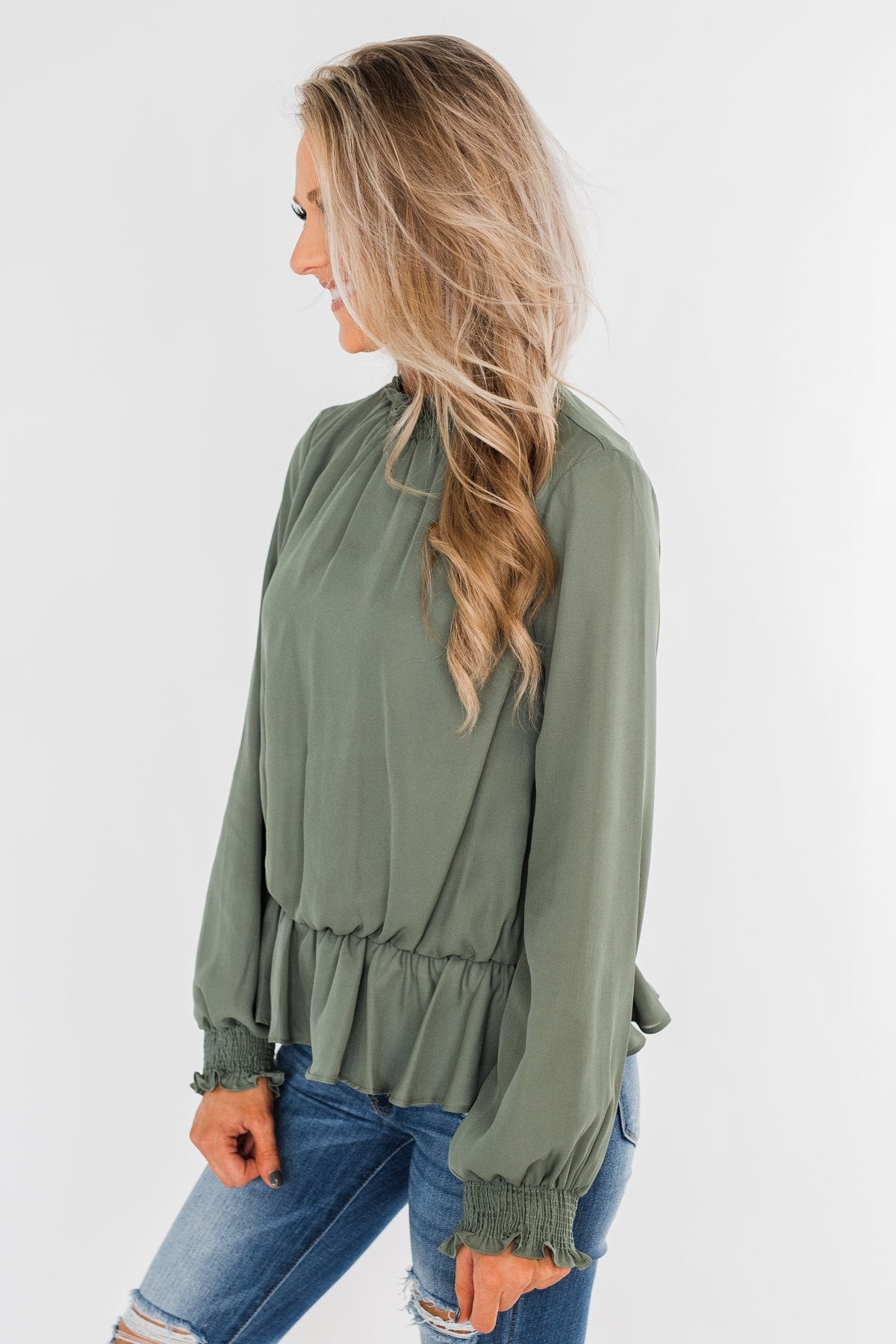 Say You Won't Let Go Cinched Blouse- Olive