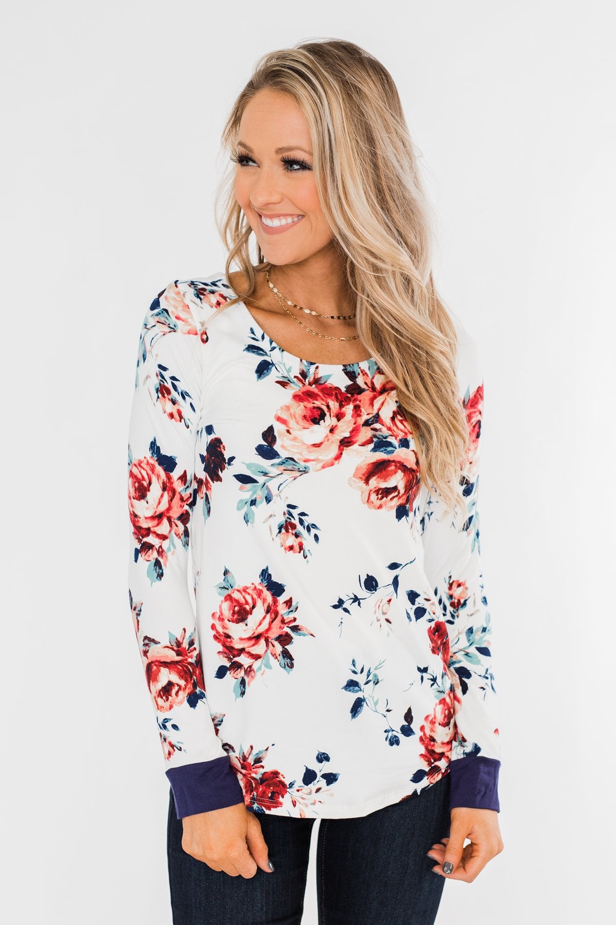 Field Of Flowers Criss Cross Top- Ivory & Navy
