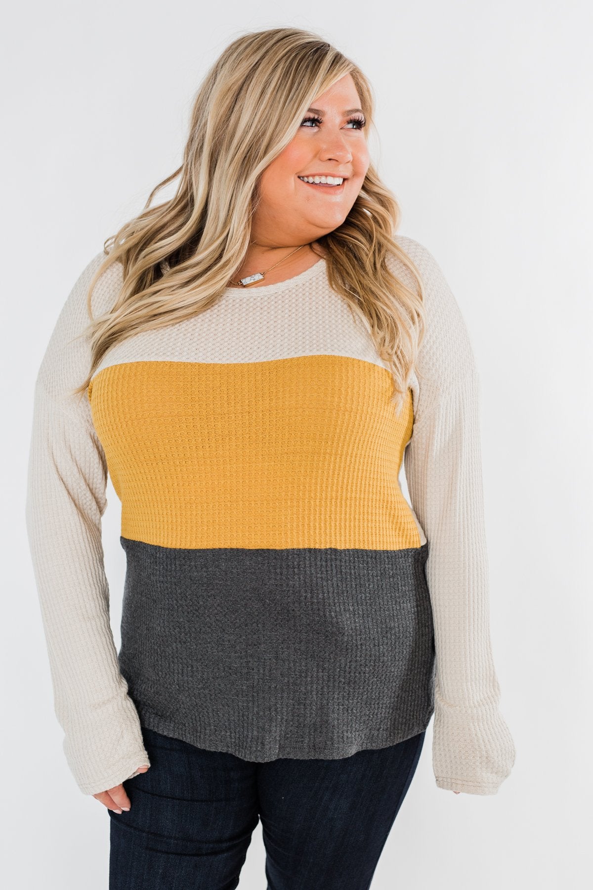 Away We Go Color Block Waffle Knit Top- Mustard & Charcoal