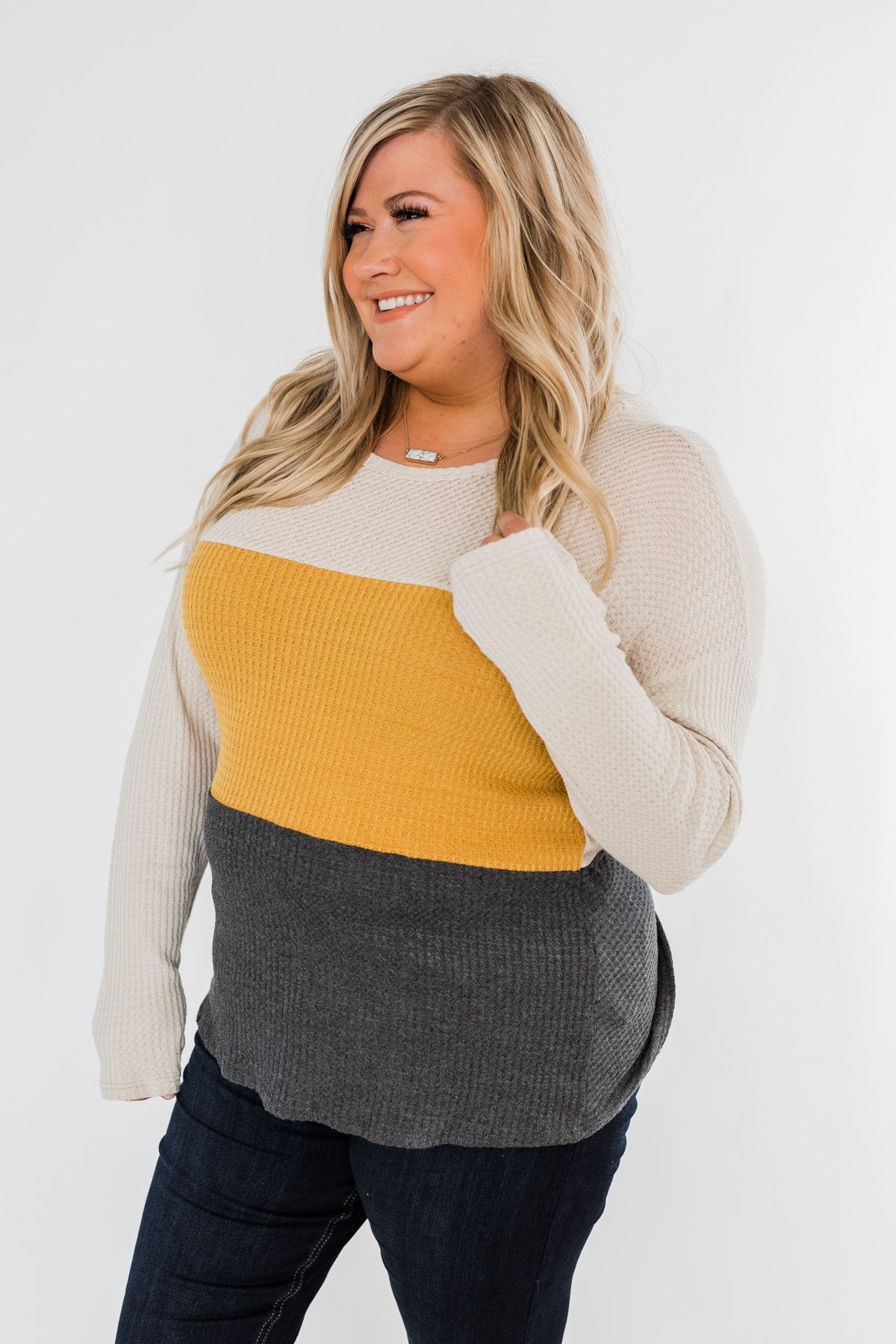 Away We Go Color Block Waffle Knit Top- Mustard & Charcoal