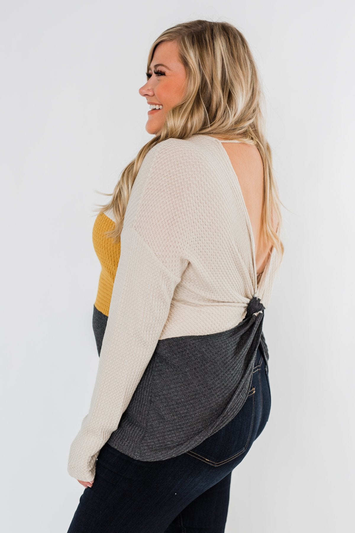 Away We Go Color Block Waffle Knit Top- Mustard & Charcoal