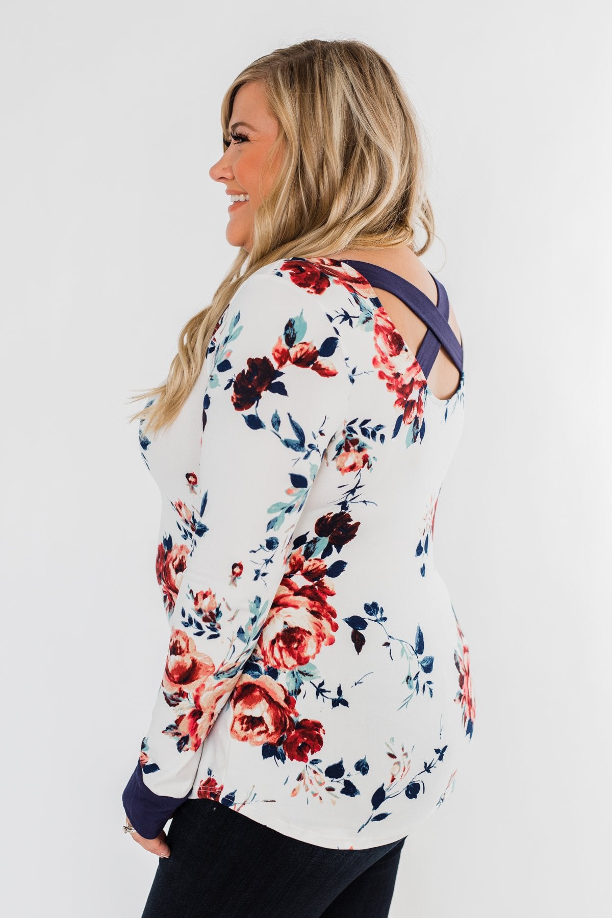Field Of Flowers Criss Cross Top- Ivory & Navy