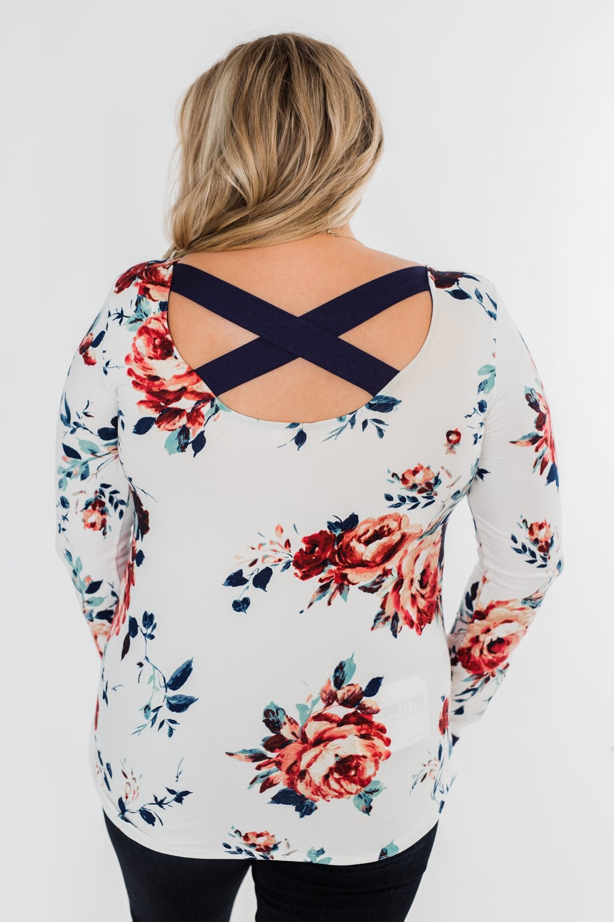 Field Of Flowers Criss Cross Top- Ivory & Navy