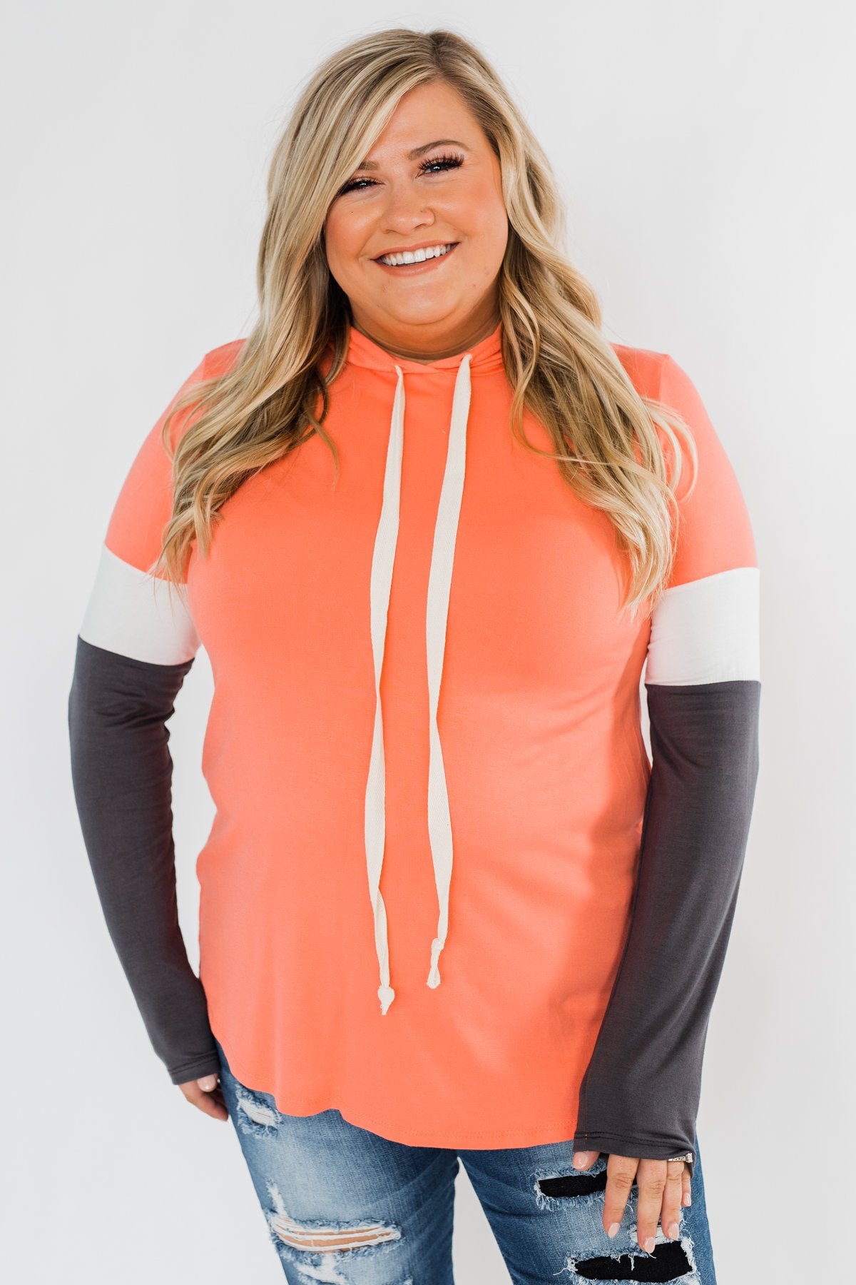 You And I Long Sleeve Hoodie- Coral & Charcoal