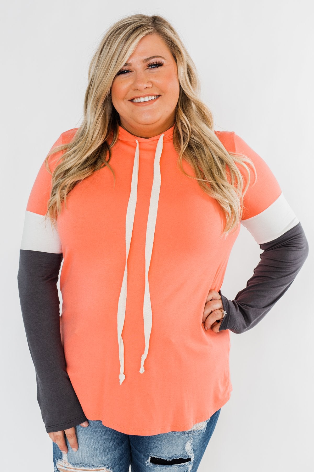 You And I Long Sleeve Hoodie- Coral & Charcoal