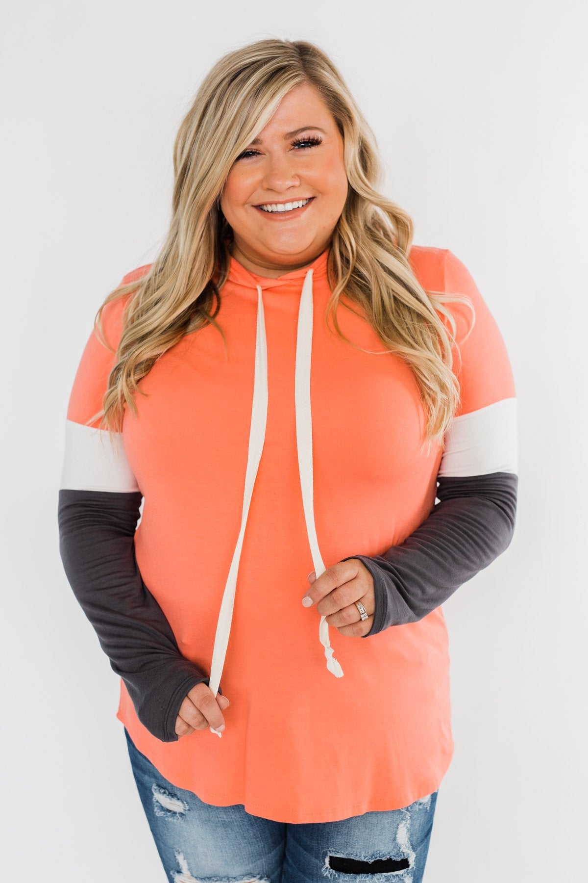 You And I Long Sleeve Hoodie- Coral & Charcoal
