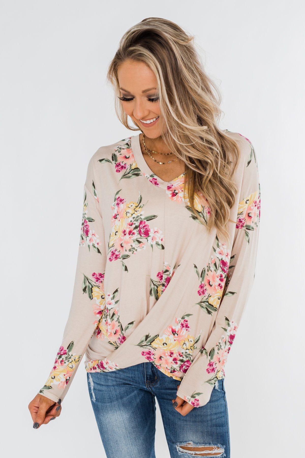 All The Love Floral Twist Top- Light Peach