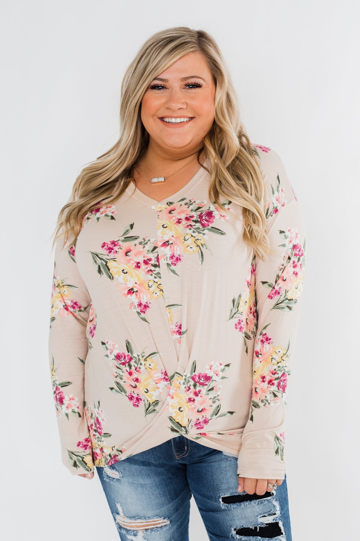All The Love Floral Twist Top- Light Peach