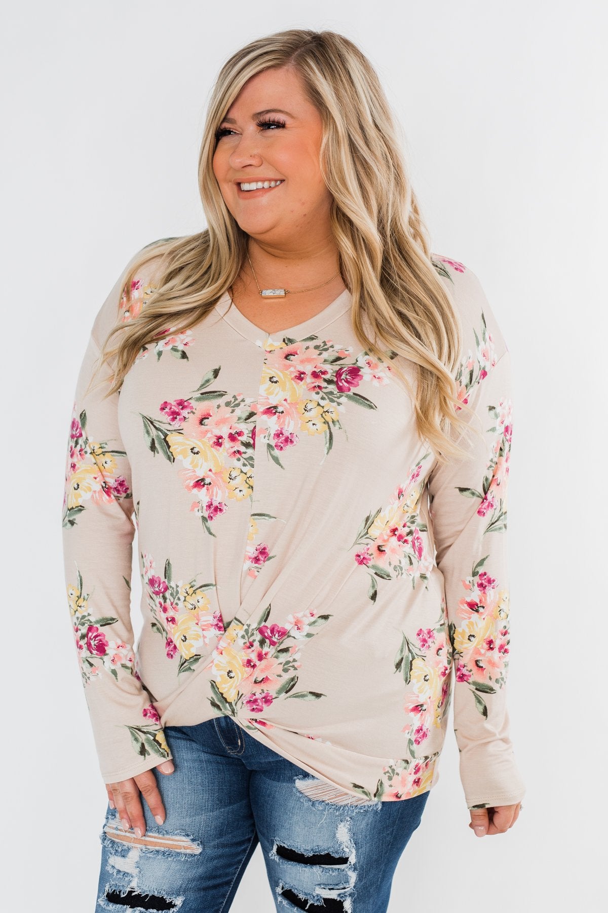 All The Love Floral Twist Top- Light Peach