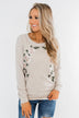 Floral Appliqué Pullover Top- Heathered Oatmeal