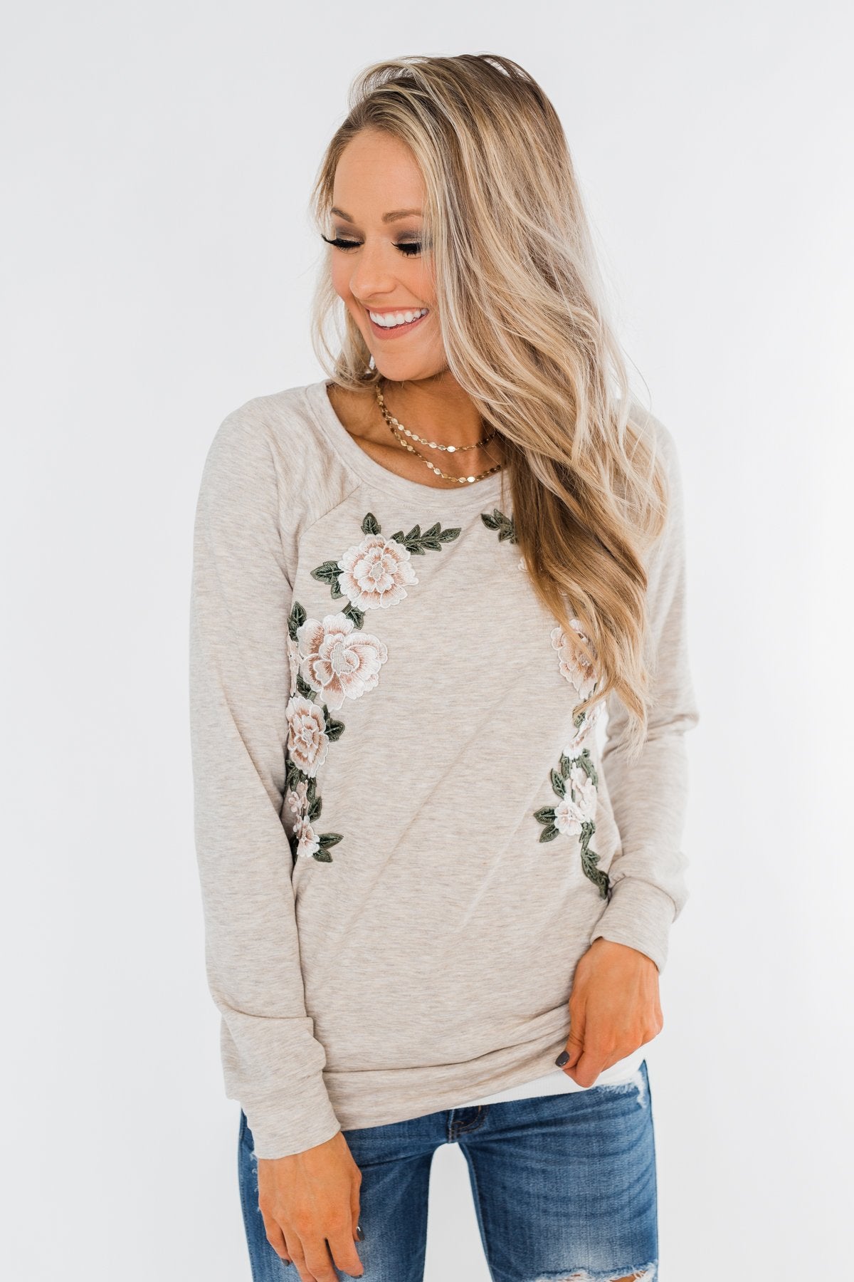 Floral Appliqué Pullover Top- Heathered Oatmeal