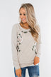 Floral Appliqué Pullover Top- Heathered Oatmeal