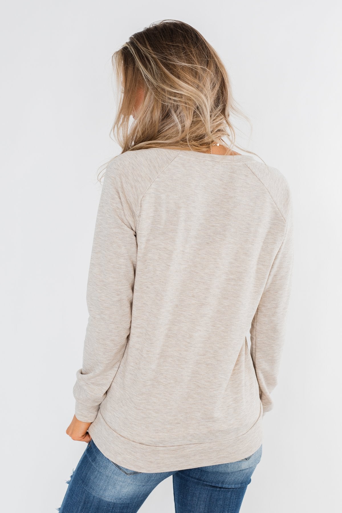 Floral Appliqué Pullover Top- Heathered Oatmeal