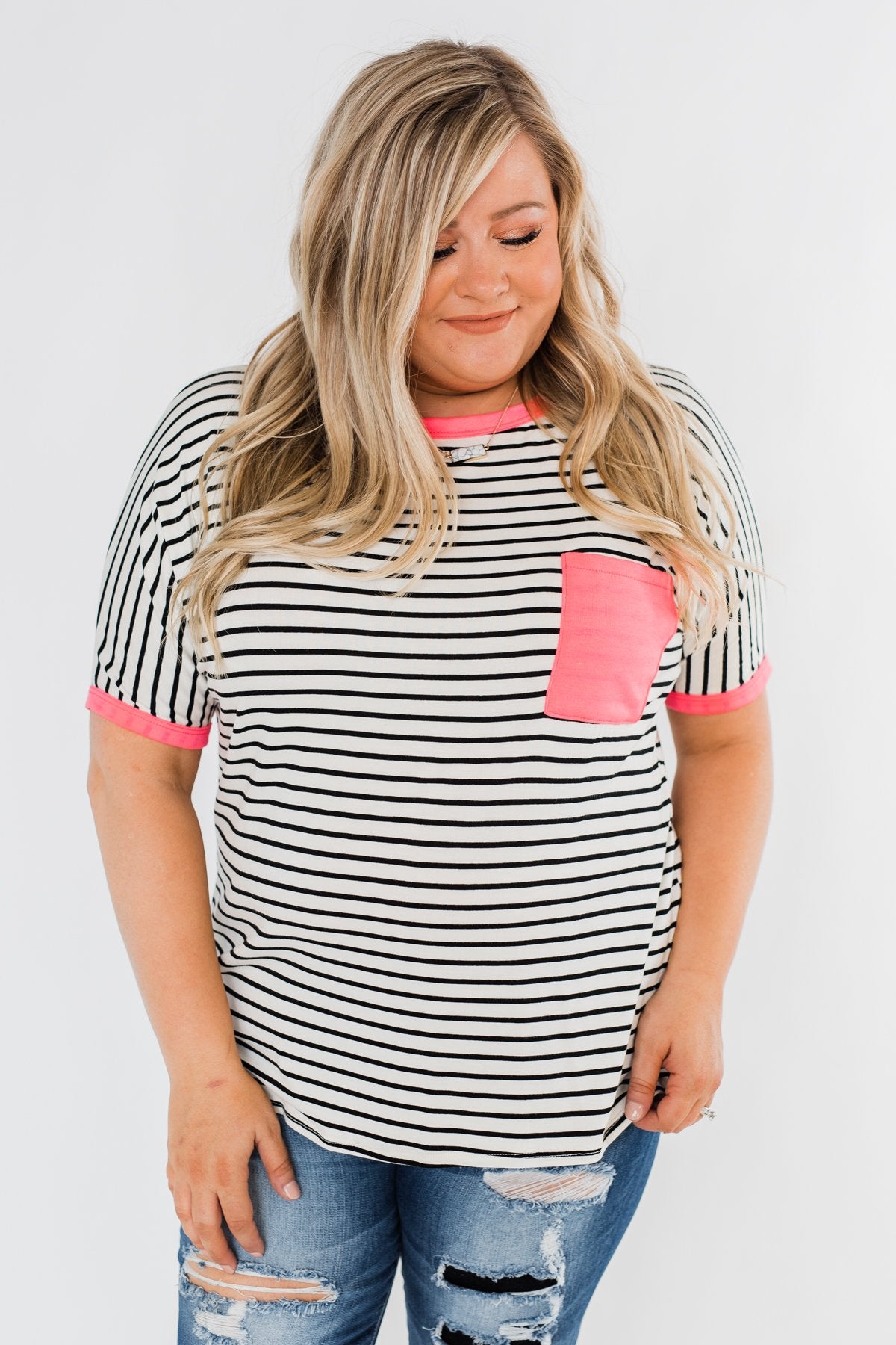 Easy Come Easy Go Striped Top- Ivory & Neon Pink