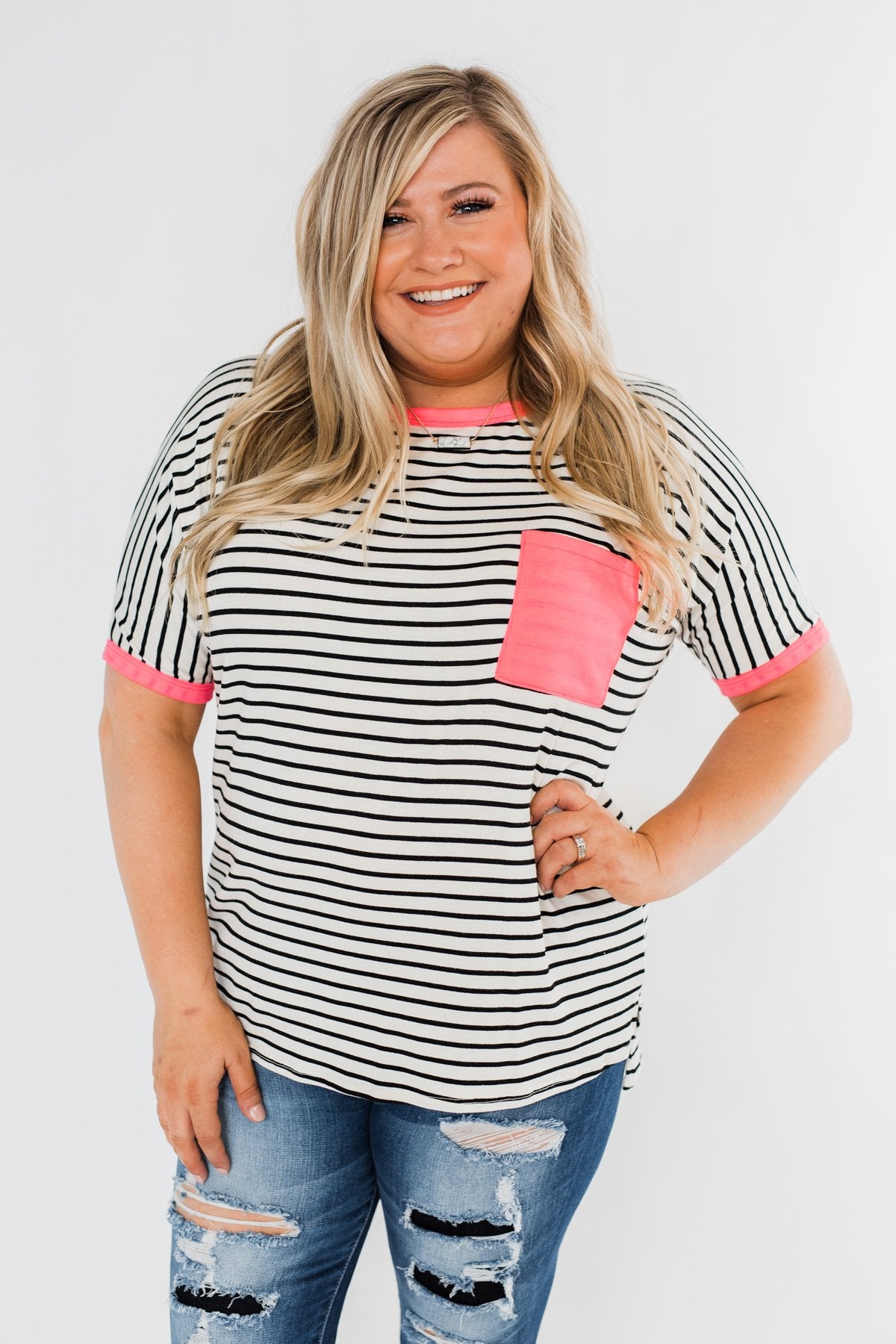 Easy Come Easy Go Striped Top- Ivory & Neon Pink