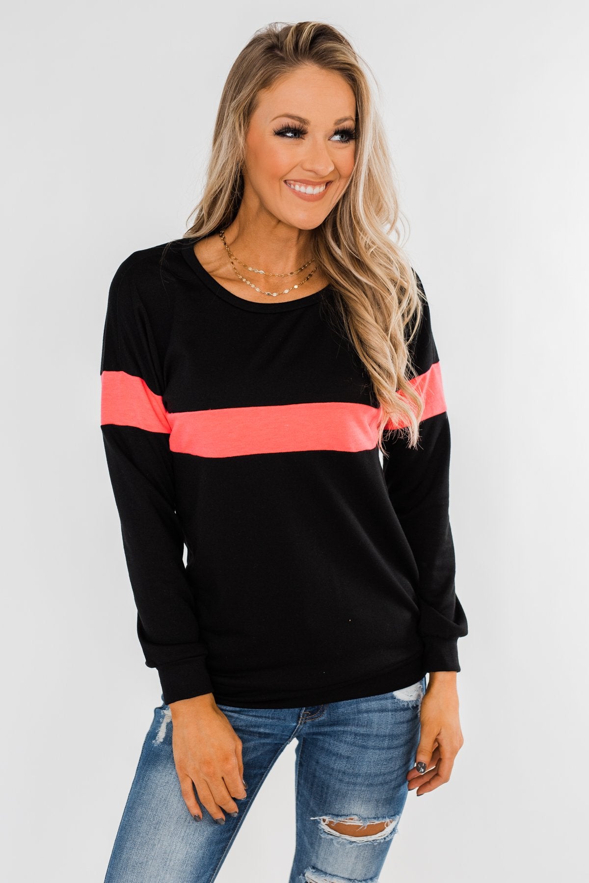 Make No Mistake Long Sleeve Top- Black & Neon Pink