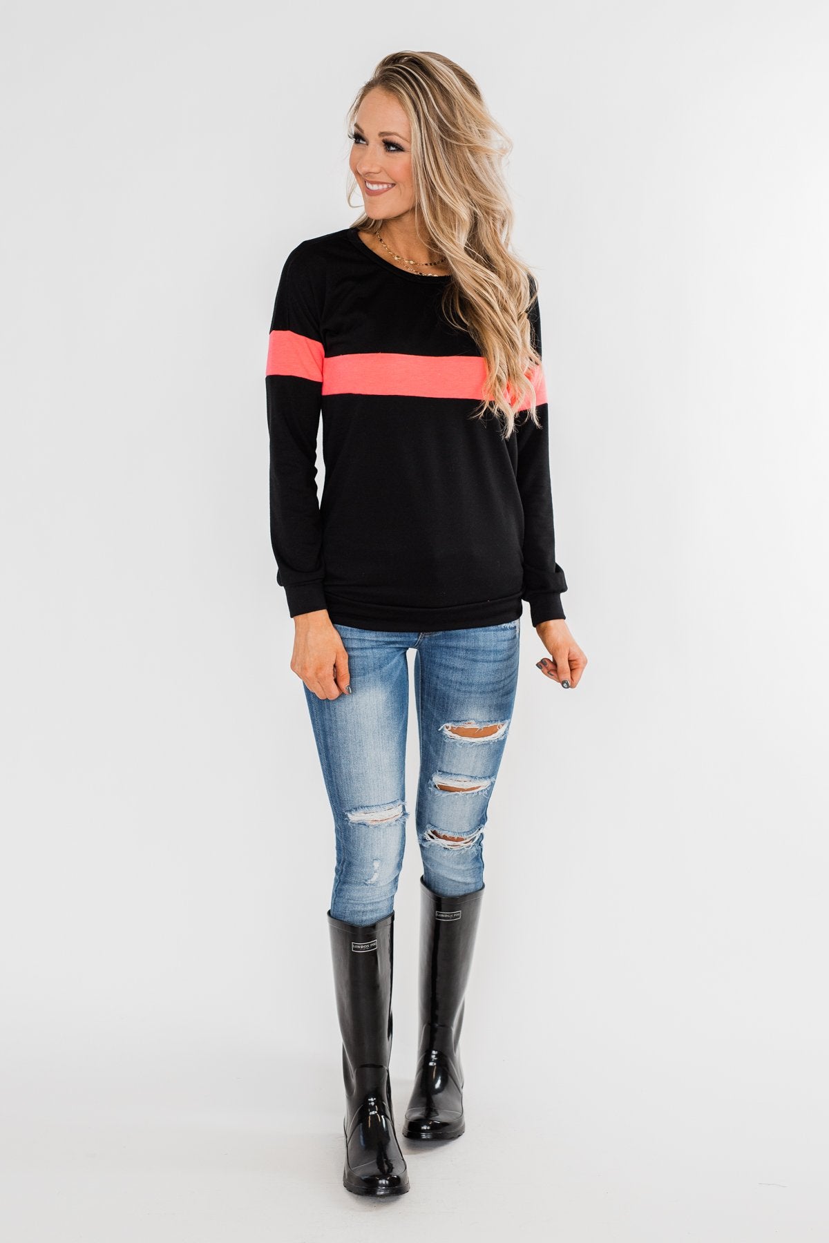 Make No Mistake Long Sleeve Top- Black & Neon Pink