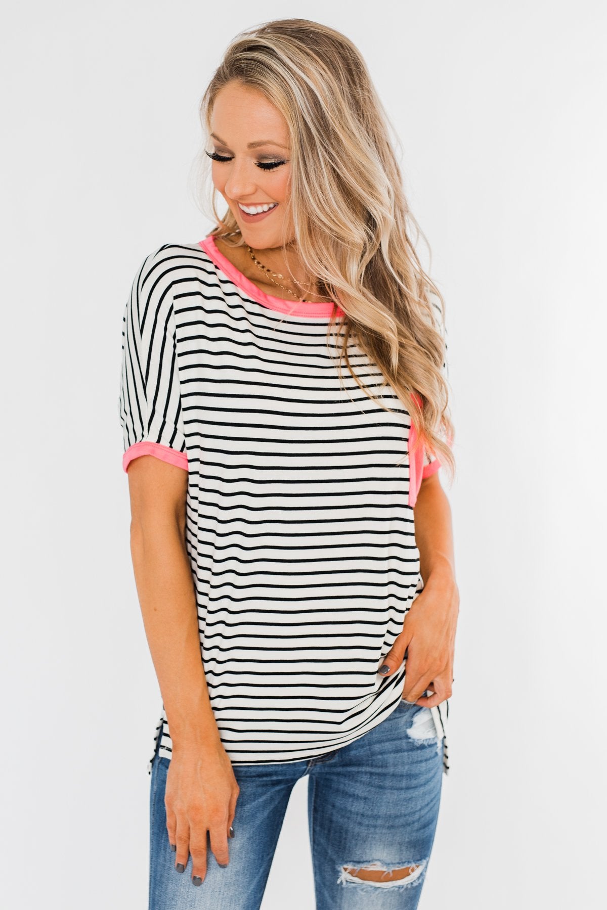 Easy Come Easy Go Striped Top- Ivory & Neon Pink