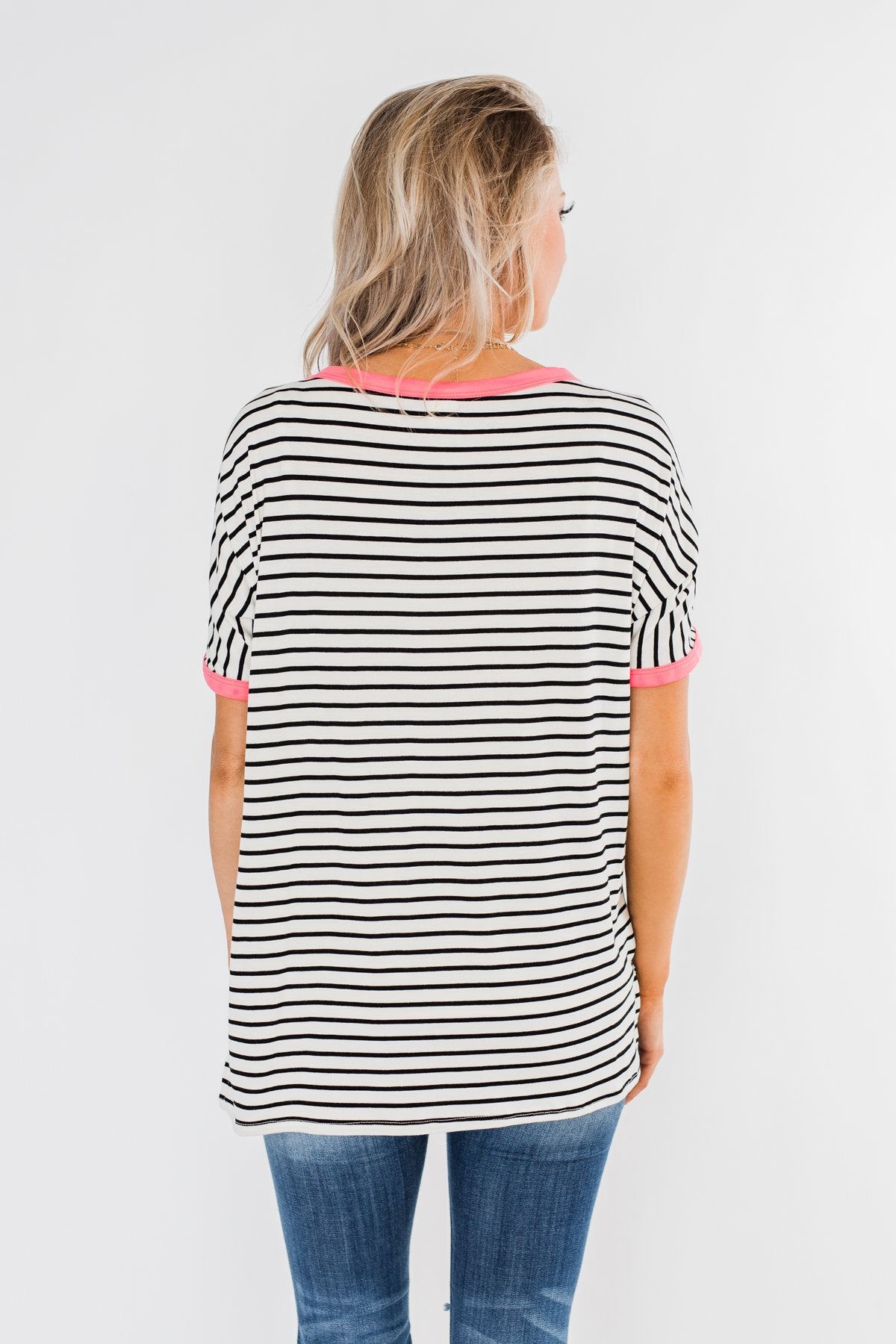 Easy Come Easy Go Striped Top- Ivory & Neon Pink
