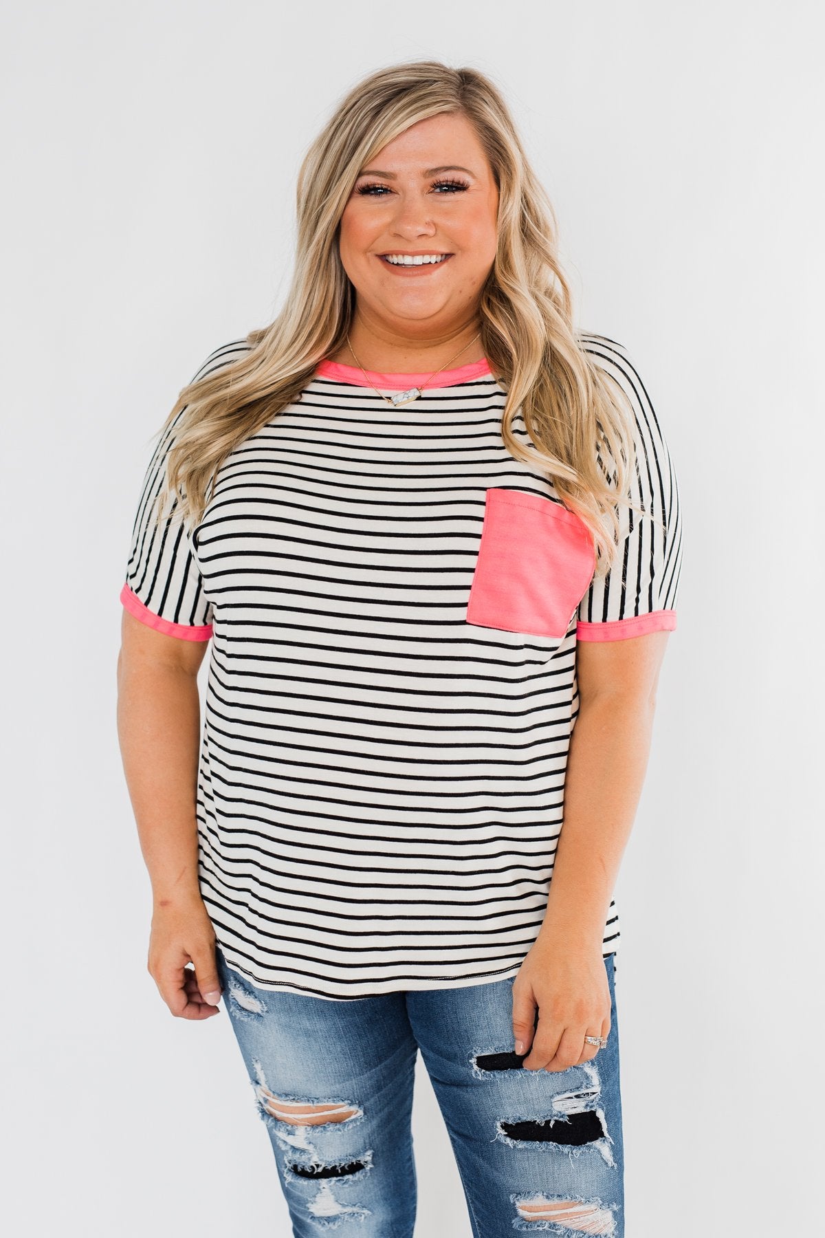 Easy Come Easy Go Striped Top- Ivory & Neon Pink