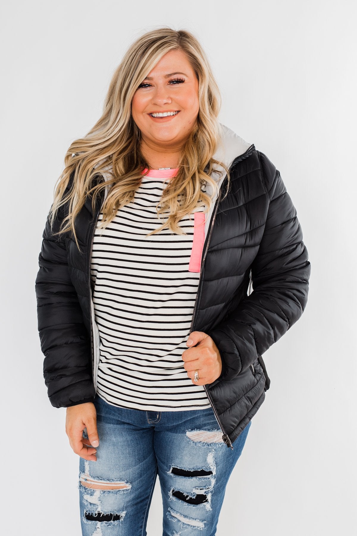 Everything I Want Reversible Puffer Coat- Black & Light Grey