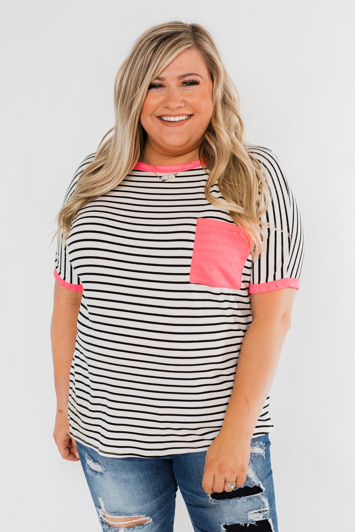 Easy Come Easy Go Striped Top- Ivory & Neon Pink