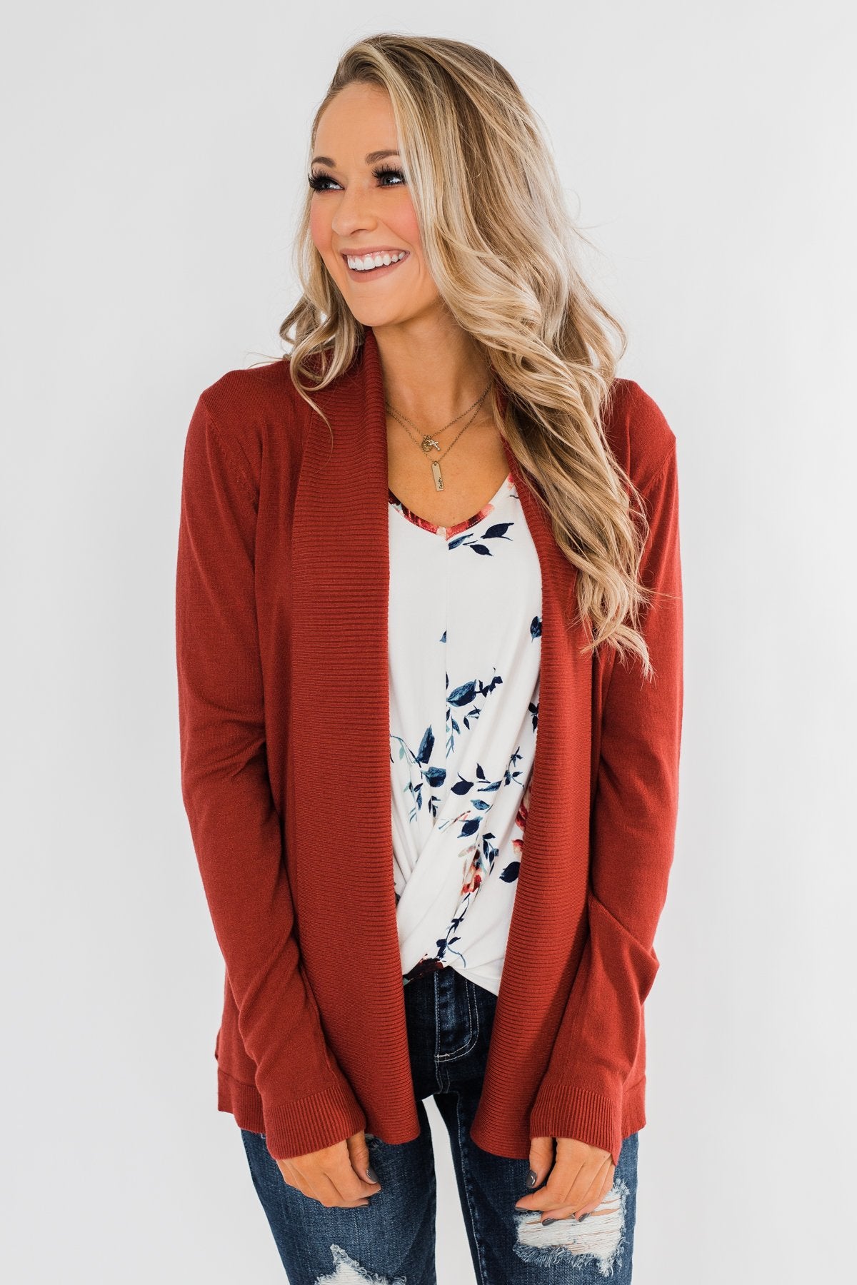 Can't Wait Open Front Cardigan- Dark Rust