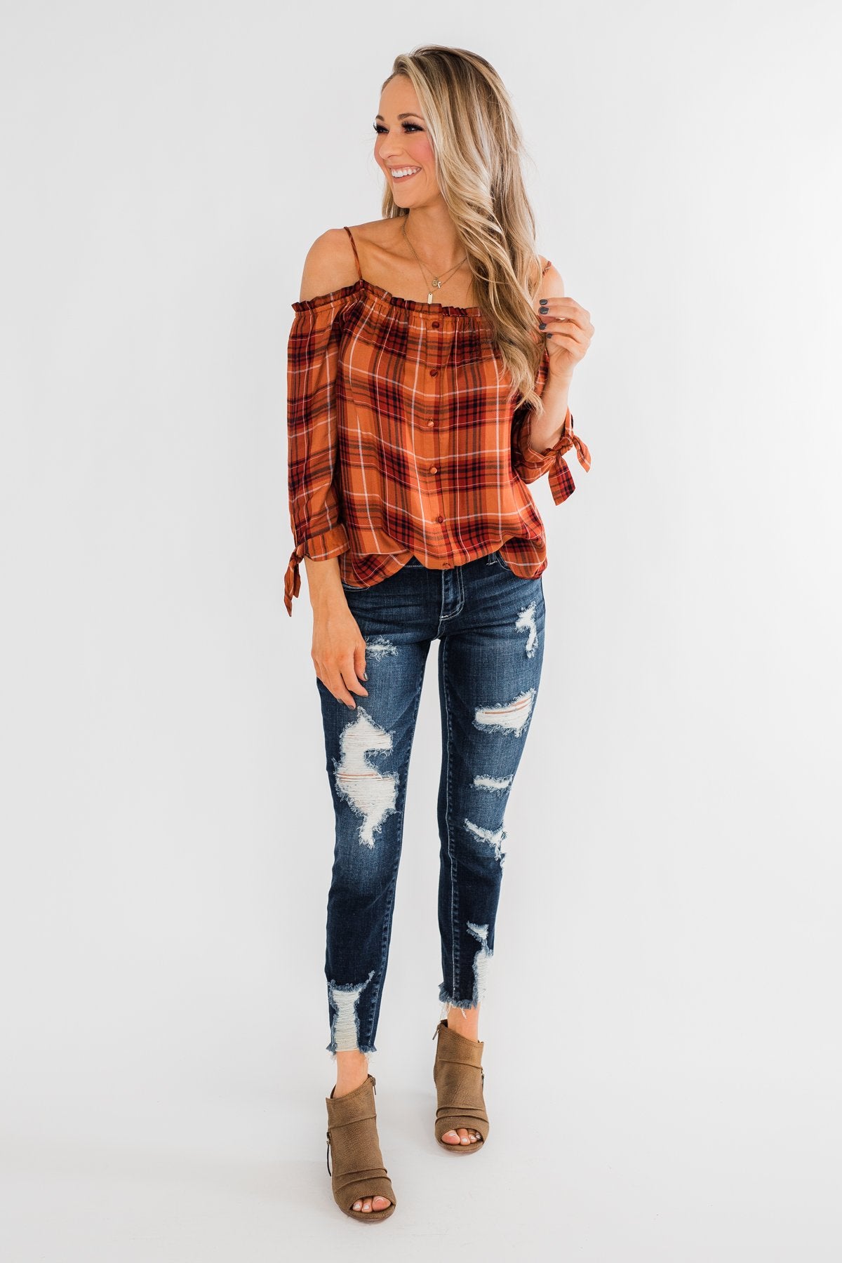 Give You My Best Shot Plaid Top- Rust & Burnt Orange