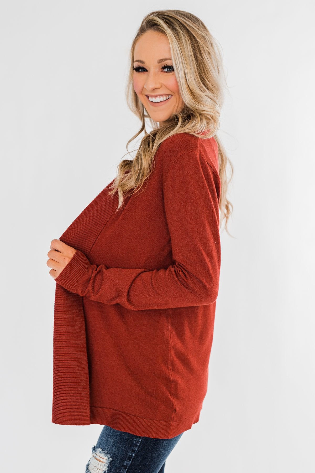 Can't Wait Open Front Cardigan- Dark Rust