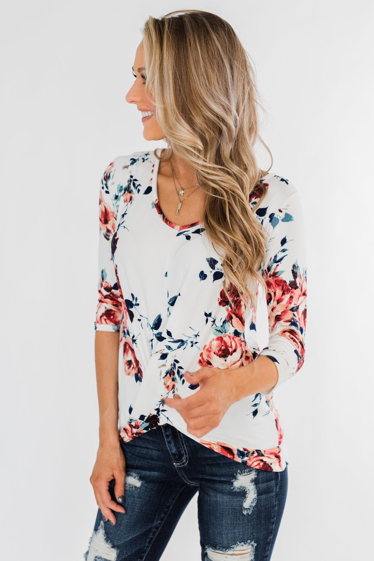 A Beautiful Day Floral Twist Top- Ivory