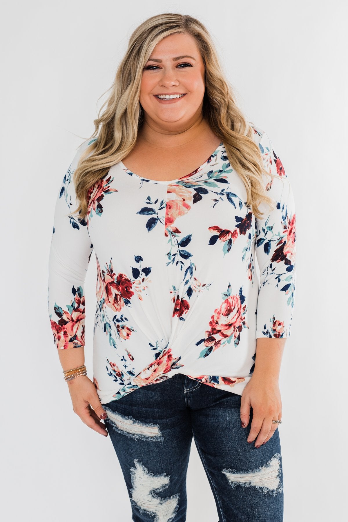 A Beautiful Day Floral Twist Top- Ivory