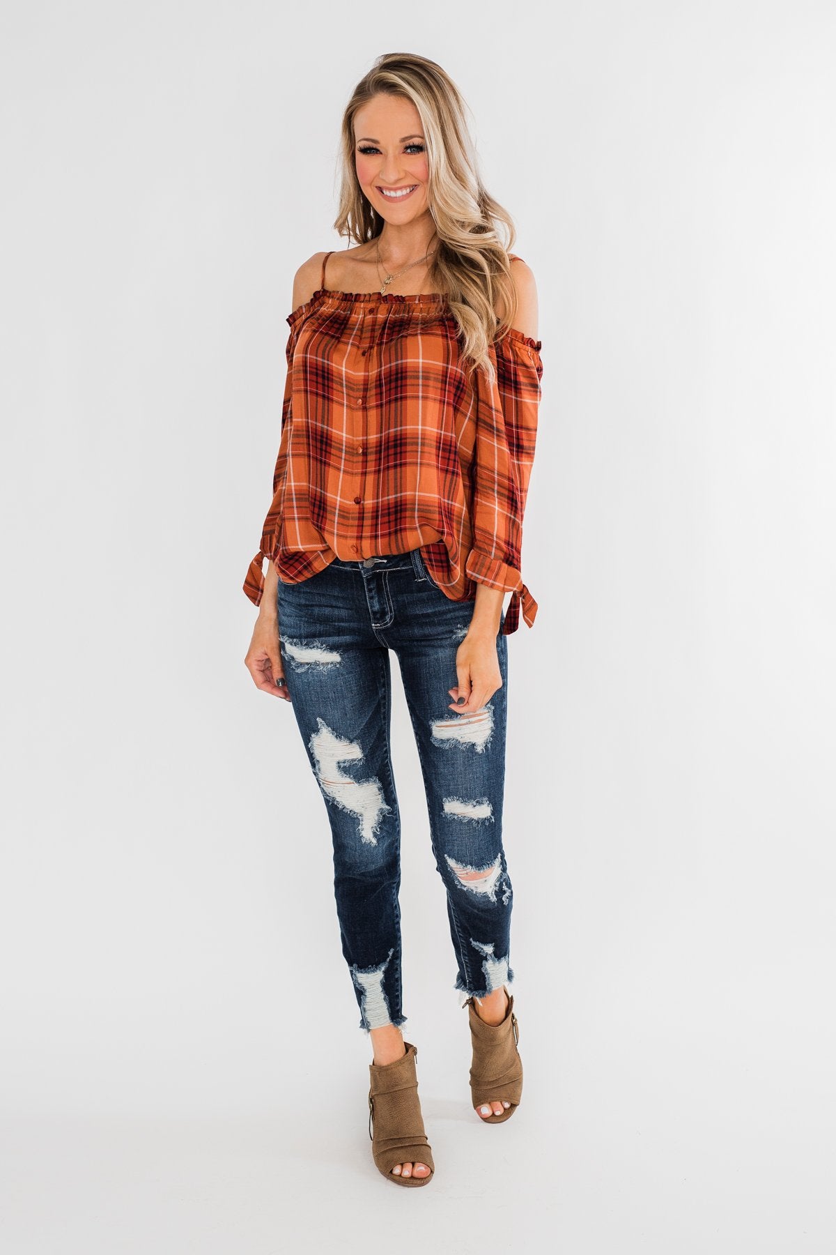 Give You My Best Shot Plaid Top- Rust & Burnt Orange