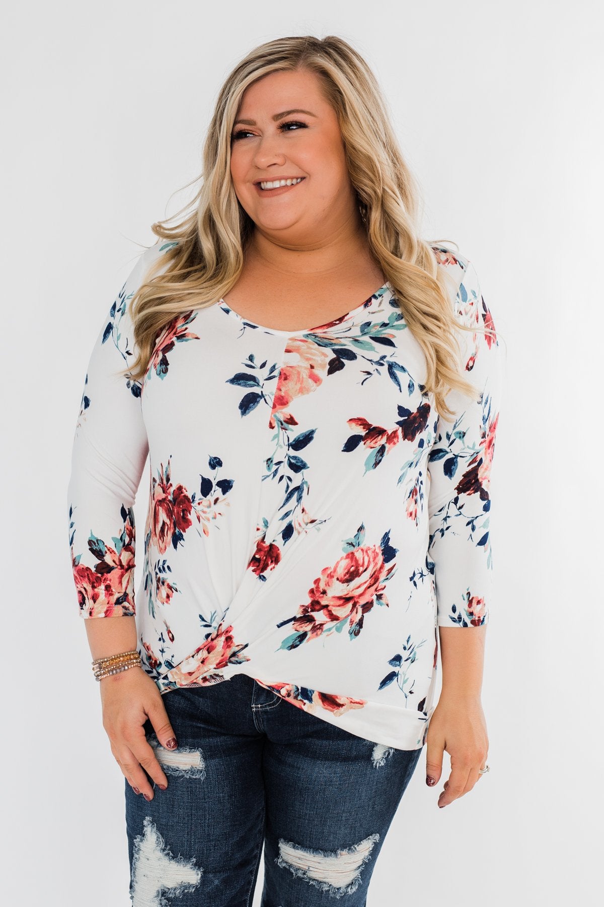 A Beautiful Day Floral Twist Top- Ivory