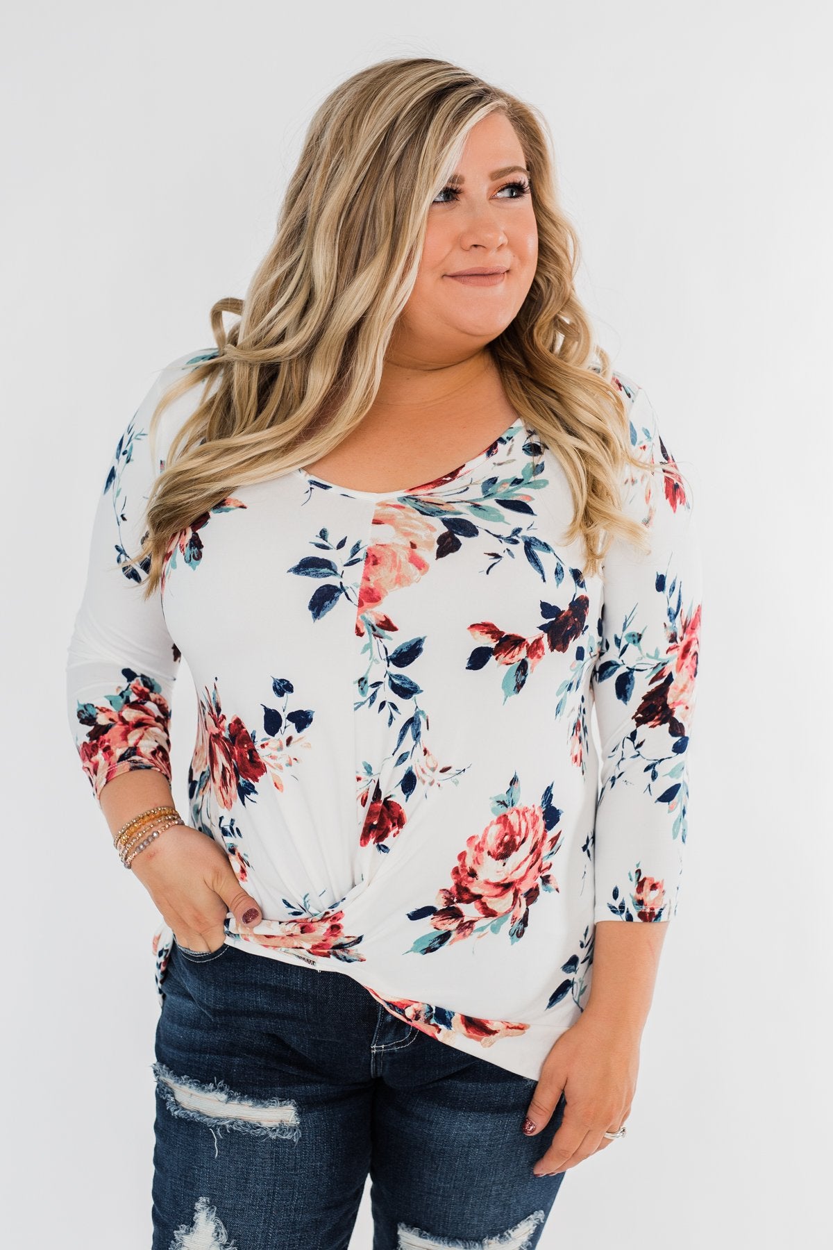 A Beautiful Day Floral Twist Top- Ivory