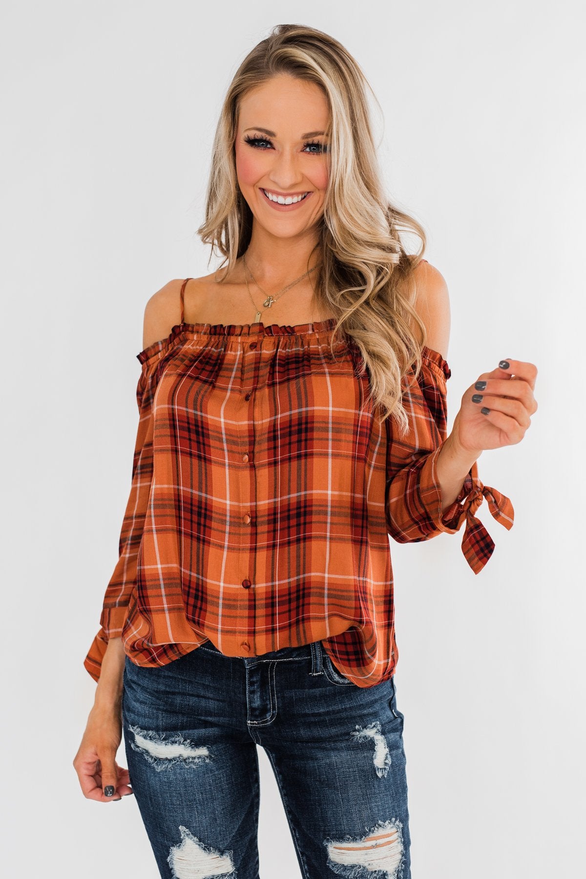 Give You My Best Shot Plaid Top- Rust & Burnt Orange