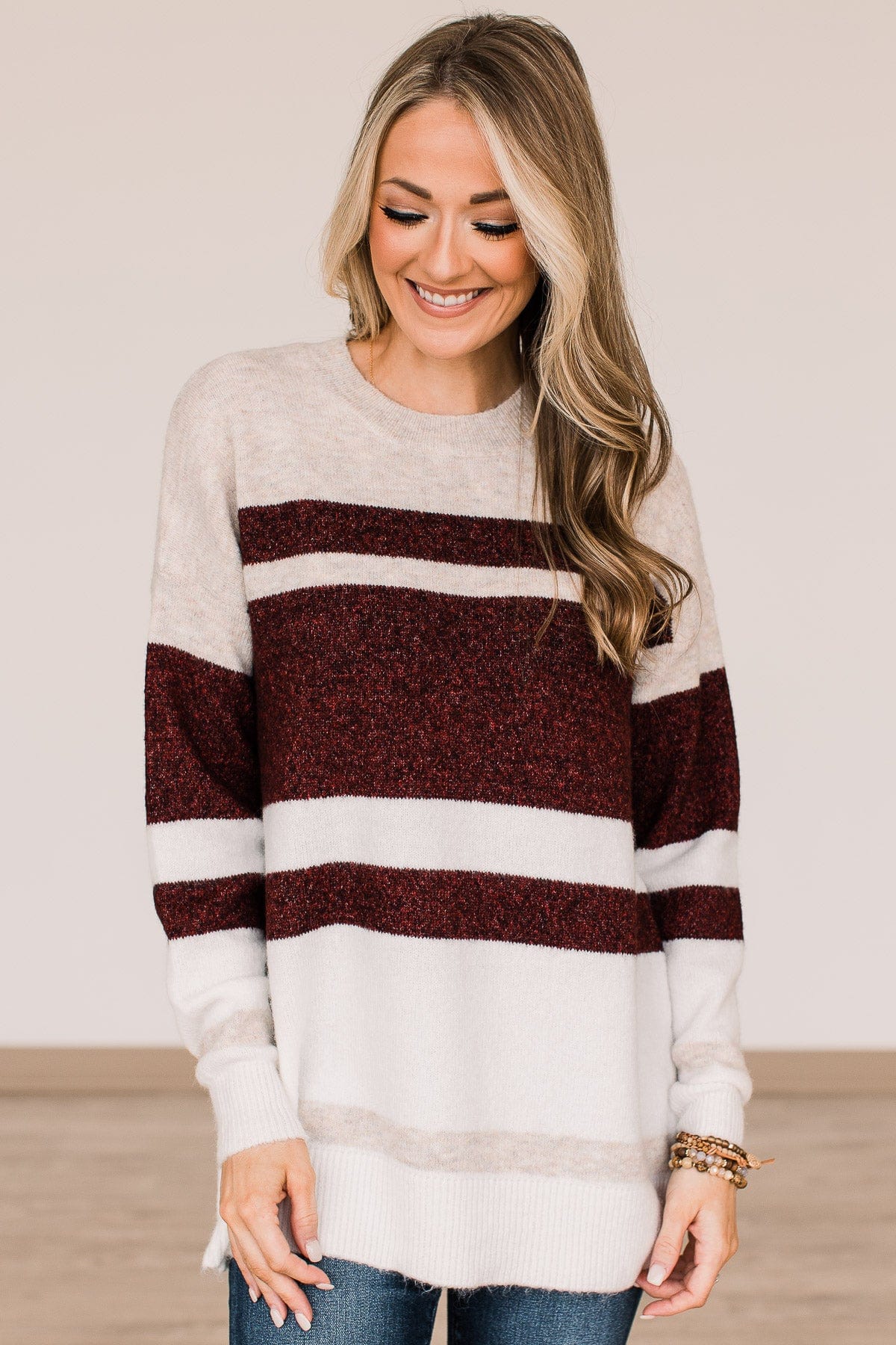 Showering Affections Striped Sweater- Ivory & Burgundy