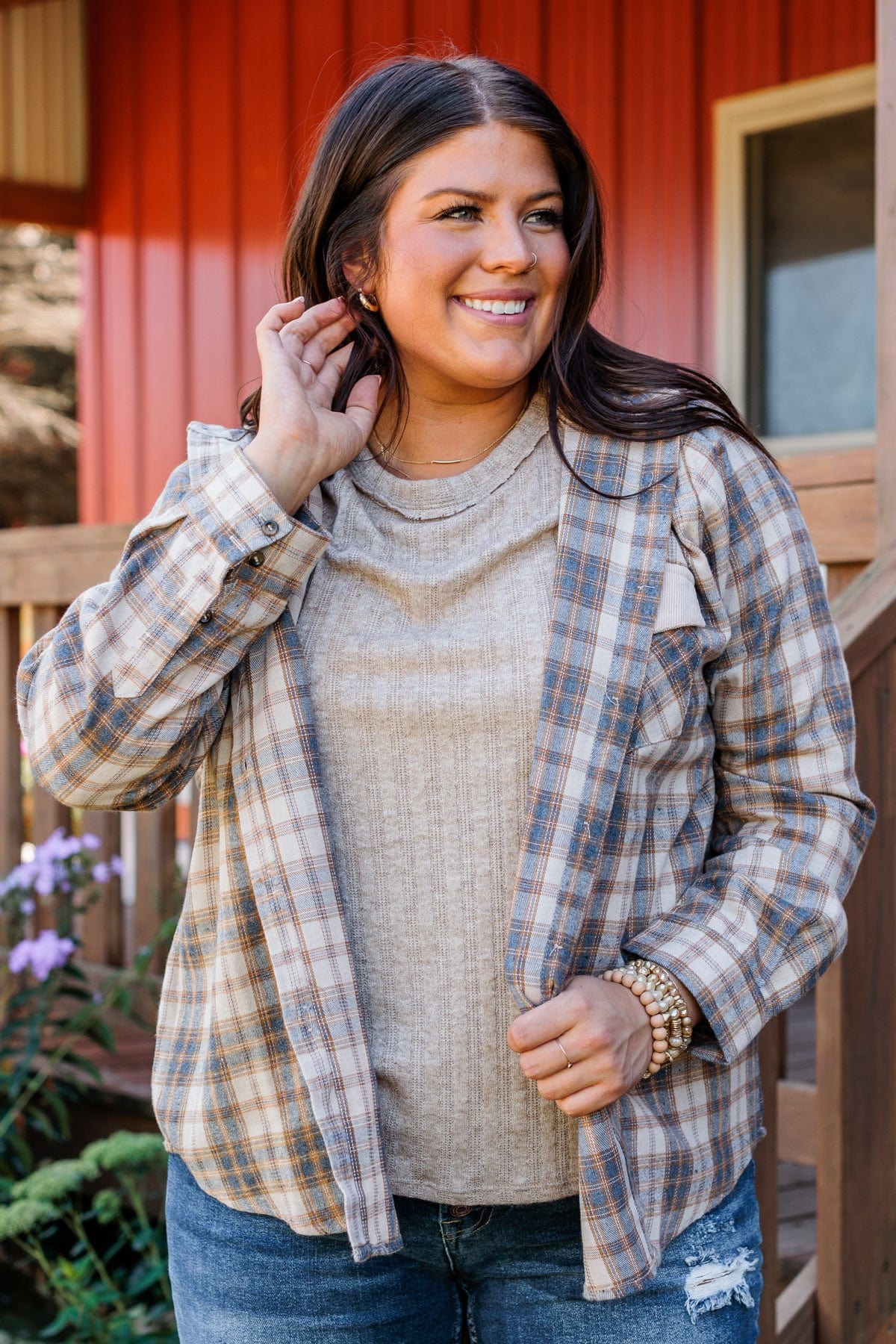 Shake It Off Hooded Button Top- Light Taupe & Navy