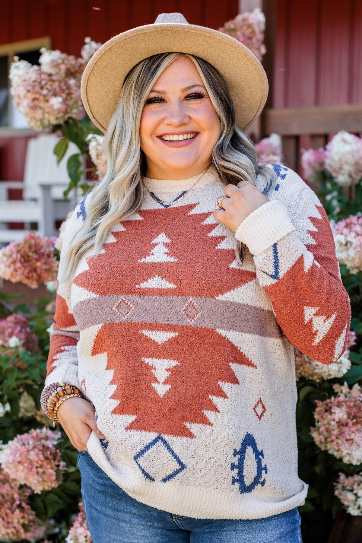 Down To Earth Aztec Sweater- Oatmeal, Rust & Navy