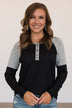 Fresh For Fall Color Block Henley Top- Black & Grey