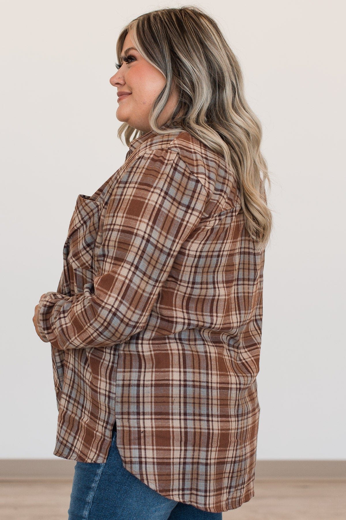 Falling Leaves Plaid Button Top- Brown