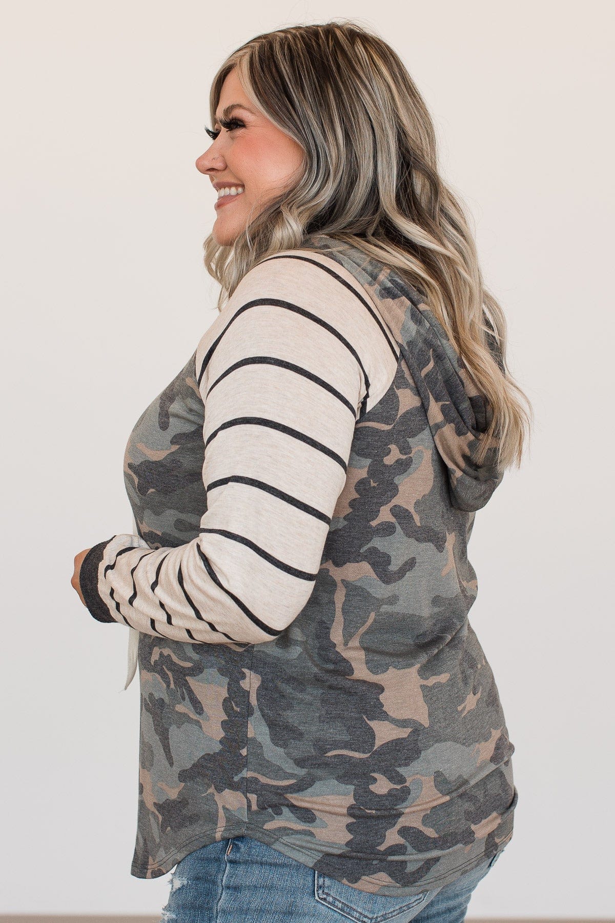 Look Alive Color Block Hooded Top- Oatmeal & Camo