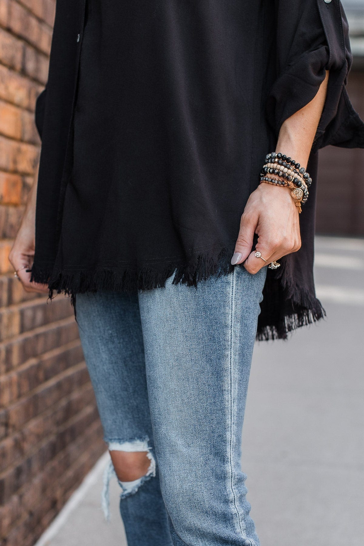 Bold Expressions Frayed Button Top- Black
