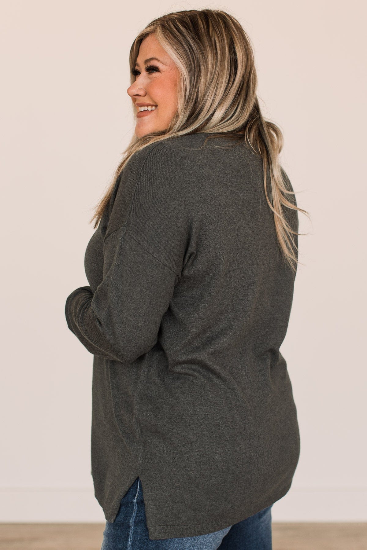 Soft As A Cloud V-Neck Sweater- Charcoal