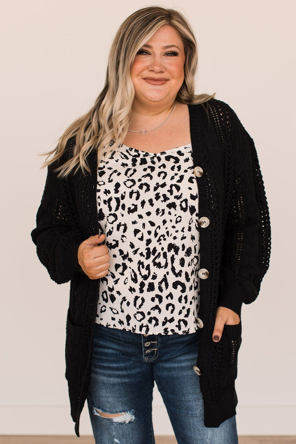 Button Cardigan Black Cardigan Mid Length Plush Mid Length Button