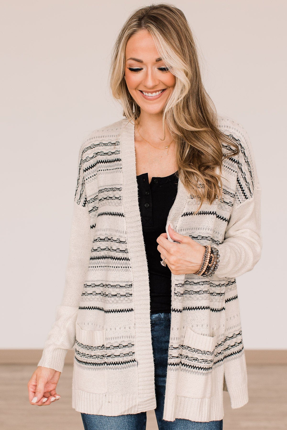 Speak Your Mind Knit Cardigan- Ivory & Grey