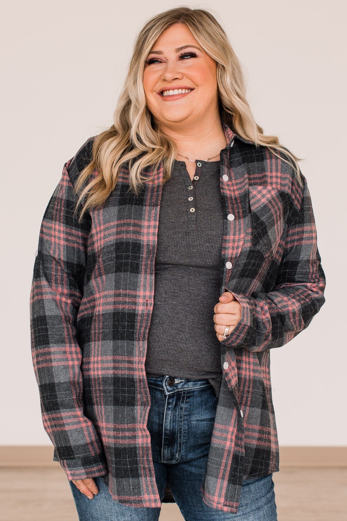 Falling For Your Smile Plaid Flannel- Grey & Pink