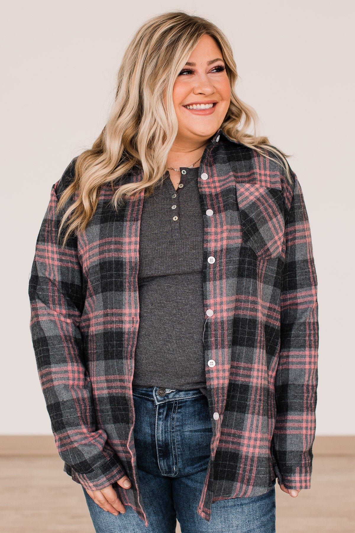 Falling For Your Smile Plaid Flannel- Grey & Pink