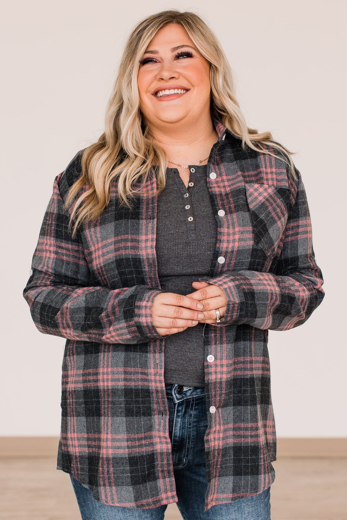 Falling For Your Smile Plaid Flannel- Grey & Pink