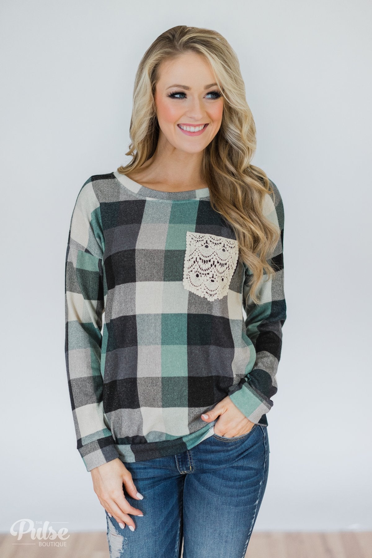 Checkered Pullover Pocket Top- Mint & Navy